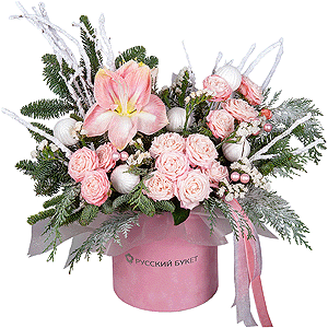Pink amaryllis - 1, Peony sprayrose - 5, Round flower box medium, Oasis, Spruce branches (1pc.), Thuja, Christmas decor (set), White statice, Artificial branch, Ribbon