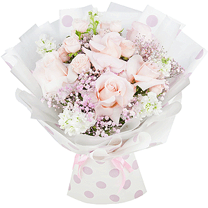 White Matthiola - 7, Spray rose: white, cream, light pink 50 cm - 4, Rose Pink 50 cm Ecuador (Chelo, Hermosa, Novia, Titanik, Engagement, Pink Mondiale) - 7, Colored gypsophila - 3, Wrapping Paper