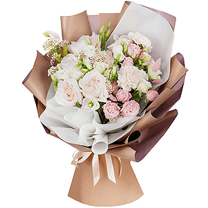Peony style roses - 7, Bright pink spray rose mix, 50 cm - 6, Carnation white, cream - 4, lisianthus - 4, Ozotamnus, Dried flowers decor, Wrapping Paper