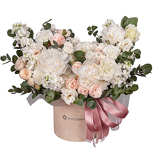 Peony white - 3, Baltica White Spray Chrysanthemum - 4, Peony sprayrose - 4, White Matthiola - 7, Carnation white, cream - 9, lisianthus - 5, Round flower box medium, Oasis, Eucalyptus, Ribbon