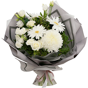 Magnum White Chrysanthemum - 3, Gerbera white - 4, lisianthus - 3, Spray rose: white, cream, light pink 50 cm - 5, Pistachio, Aspidistra (1 pc.), Wrapping Paper