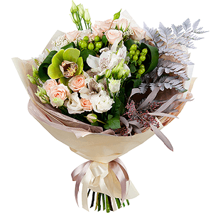 Spray rose: white, cream, light pink 50 cm - 6, lisianthus - 3, Green Cymbidium Orchid Bud - 3, Alstromeria white, soft pink - 4, Hypericum, Ozotamnus, Aspidistra (1 pc.), Flask for orchids, Fern (1 pc.), Eucalyptus populus (1 pc.), Wrapping Paper