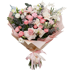 Bright pink spray rose mix, 50 cm - 8, White rose 50 cm - 6, Pink rose 50 cm - 3, lisianthus - 4, Eucalyptus Cinerea, Limonium (1 pc.), Veronica spray, Dried flowers decor, Fern (1 pc.), Cotton bud, Wrapping Paper