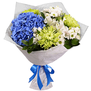 Blue/purple hydrangea - 1, Alstromeria white, soft pink - 7, Santini White Spray Chrysanthemum - 7, Yellow chrysanthemum  single-headed Anastasia - 5, Ruscus, Wrapping Paper