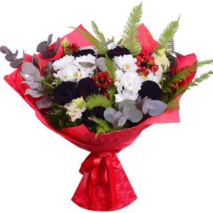 Rose black - 13, Bacardi White Spray Chrysanthemum - 6, lisianthus - 4, Hypericum, Eucalyptus Cinerea, Ambrella, Ribbon, Pistachio