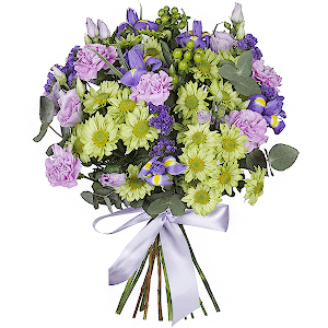 Lilac carnation - 7, Athos poms Green Lizard - 5, Purple Lisianthus (Eustoma) - 3, Irises - 7, Blue Statice, Hypericum, Eucalyptus baby blue (1 pc.), Ribbon