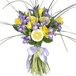 Irises - 14, Narcissus - 10, Ruscus, Lemon, 1 pc., Beargrass (1 pc.), Ribbon