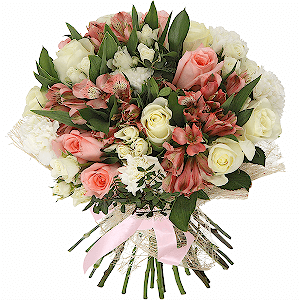 White rose 50 cm - 10, Pink rose 50 cm - 9, Spray rose: white, cream, light pink 50 cm - 10, Alstromeria white, soft pink - 8, Carnation white, cream - 9, Ruscus, Pistachio, Ribbon, Felt