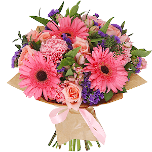 Pink rose 50 cm - 10, Pink carnation - 6, Gerbera pink - 4, Alstromeria white, soft pink - 6, Blue Statice, Pistachio, Wrapping Paper, Ribbon