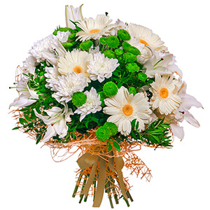 Lilies - 4, Athos pom Feeling Green - 3, Baltica White Spray Chrysanthemum - 4, Gerbera white - 7, Pistachio, Mesh (Abaka), Ribbon