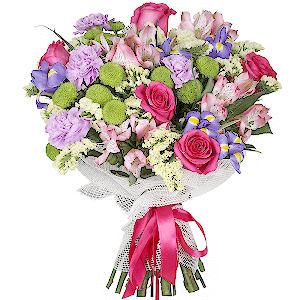 Pink rose 50 cm - 9, Alstromeria white, soft pink - 6, Irises - 9, Athos pom Feeling Green - 5, Lilac carnation - 7, White statice, Mesh (Abaka), Ribbon