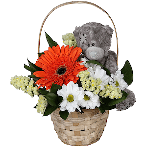 Bacardi White Spray Chrysanthemum - 2, Gerbera daisies - 2, Yellow Statice, Ruscus, Teddy bear 20 cm, Small Basket, Oasis