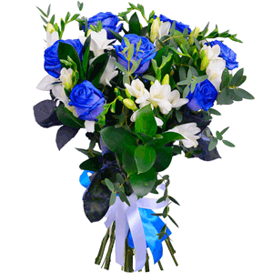 Arrangement of blue roses and freesias with delivery Novosibirsk