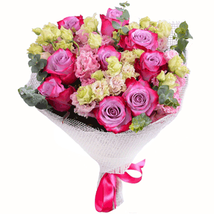 Deep Purple rose - 12, Pink Lisianthus (Eustoma) - 7, Eucalyptus baby blue (1 pc.), Jute 1 meter, Ribbon