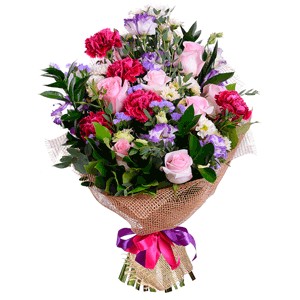 Pink rose 50 cm - 12, Pink carnation - 7, Santini White Spray Chrysanthemum - 6, Purple Lisianthus (Eustoma) - 6, Blue Statice, Ruscus, Eucalyptus parvifolia (1 pc.), Salal, Jute 1 meter, Ribbon
