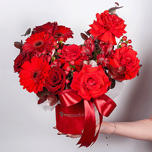 Red rose Nina 50 cm - 4, Rose Red 50 cm Ecuador - 5, Gerbera red - 3, Alstromeria Red, Bright Pink - 5, Round flower box small , Oasis, Ribbon, Hypericum, Eucalyptus