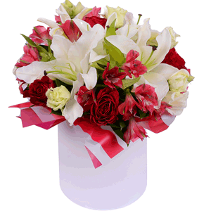 White lilies in a hatbox with delivery Novosibirsk