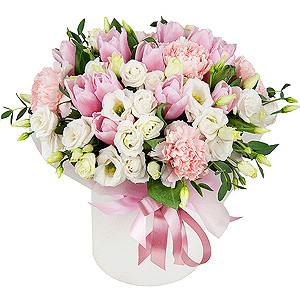 Pink carnation - 7, lisianthus - 4, Pink tulip - 17, Round flower box small , Oasis, Wrapping Paper, Eucalyptus parvifolia (1 pc.)