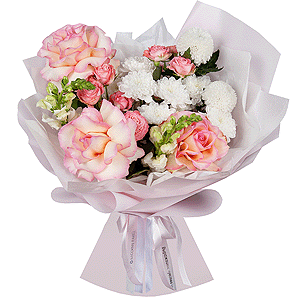Rose Esperance - 7, Momoko Chrysanthemum - 2, Baltica White Spray Chrysanthemum - 1, Peony sprayrose - 3, White Matthiola - 4, Wrapping Paper
