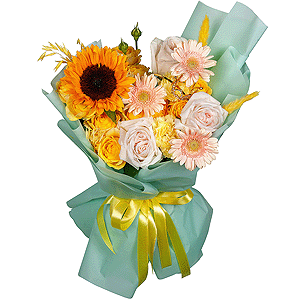 Sunflower - 1, Cream gerbera - 5, Spray rose: yellow, orange 50 cm - 3, Yellow carnation - 6, Peony style roses - 3, Dried flowers in assortment, Decorative crown, Wrapping Paper