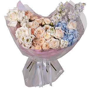 White rose 50 cm Ecuador - 2, Blue/purple hydrangea - 1, Spray peony rose  - 5, Carnation white, cream - 7, White Matthiola - 4, Baltica White Spray Chrysanthemum - 1, lisianthus - 1, Blue Delphinium, Wrapping Paper