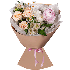 Peony pink - 1, Spray rose: white, cream, light pink 50 cm - 1, Alstromeria white, soft pink - 4, Chamomile - 1, Baltica White Spray Chrysanthemum - 1, Wrapping Paper