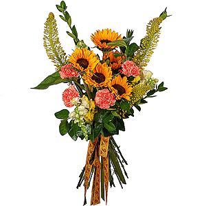 Sunflower - 5, Pink carnation - 11, White Matthiola - 7, White Delphinium - 3, Pittosporum, Ribbon