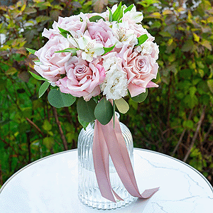 Rose Pink 50 cm Ecuador (Chelo, Hermosa, Novia, Titanik, Engagement, Pink Mondiale) - 7, Alstromeria white, soft pink - 7, lisianthus - 2, White spray carnation - 4, Eucalyptus populus (1 pc.), Ribbon