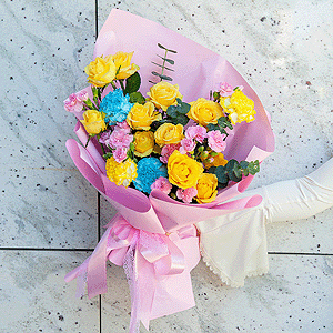 Spray rose: yellow, orange 50 cm - 5, Blue carnation - 8, Pink spray carnation - 7, Eucalyptus baby blue (1 pc.), Wrapping Paper