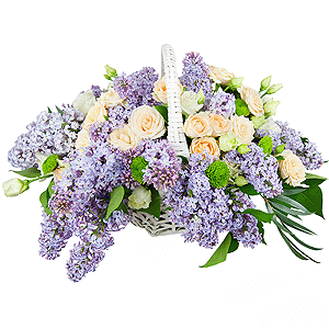 Spray rose: white, cream, light pink 50 cm - 5, Athos pom Feeling Green - 3, lisianthus - 3, Lilac Bush - 7, Medium Basket, Oasis