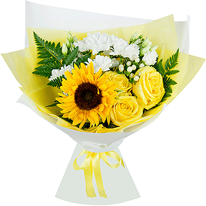 Yellow rose 50 cm - 5, lisianthus - 2, Bacardi White Spray Chrysanthemum - 2, Sunflower - 1, Fern (1 pc.), Hypericum, Wrapping Paper, Ribbon