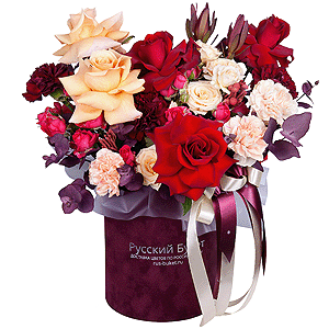 Rose Red 50 cm Ecuador - 4, Cream Rose 50 cm Ecuador (Creme Caramel) - 3, Spray rose: white, cream, light pink 50 cm - 2, Carnation white, cream - 4, Spray rose: red 50 cm - 2, Carnation red - 4, Round flower box small , Oasis, Eucalyptus Cinerea, Leukodendron, Brunia Green Lanuginosa (1 pc.), Wrapping Paper