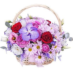 Vanda Orchid bud - 1, Bacardi Pink Spray Chrysanthemum - 3, Spray peony rose Lavander, 50 cm - 1, Purple Lisianthus (Eustoma) - 1, Red rose 50 cm - 5, Small Basket, Oasis, Eucalyptus Cinerea, Flask for orchids, Pistachio, Blue Statice, Ribbon