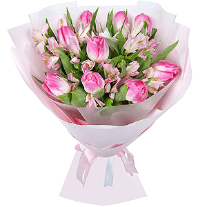 Alstromeria white, soft pink - 7, Pink tulip - 12, Wrapping Paper, Ribbon
