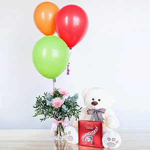 Gerbera pink - 5, Pistachio, Eucalyptus Cinerea, Ribbon, Lindt Candy Box, Taddy Bear 45 cm, Helium Balloon (1 pc.)
