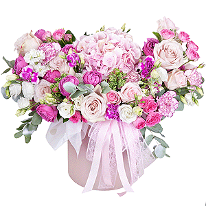 Pink Hydrangea - 1, Pink rose 50 cm - 7, Rose Powder 50 cm Ecuador (Quicksand, Menta) - 6, Spray peony rose Misty Bubbles, 50 cm - 4, Carnation white, cream - 6, White Matthiola - 4, lisianthus - 4, Bright pink spray rose mix, 50 cm - 5, Pink spray carnation - 2, Round flower box medium, Oasis, Eucalyptus Cinerea, Sedum, Wrapping Paper