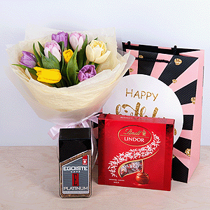 Yellow tulip - 5, Pink tulip - 4, Lilac tulip - 3, Tulip white - 5, Wrapping Paper, Ribbon, Instant coffee, Present bag, Lindt Candy Box