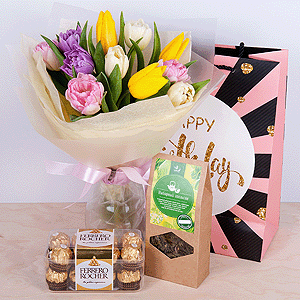 Yellow tulip - 5, Pink tulip - 5, Lilac tulip - 4, Tulip white - 5, Wrapping Paper, Ribbon, Candies 