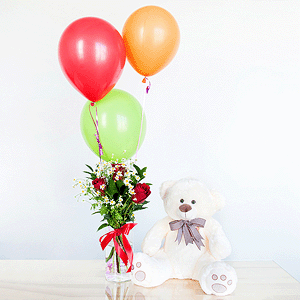 Gift set "Delicate bouquet, teddy bear and balloons" with delivery Novosibirsk
