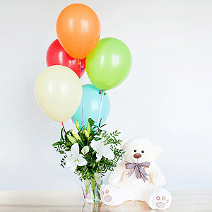 Lilies - 4, Pistachio, Ruscus, Ribbon, Taddy Bear 45 cm, Helium Balloon (1 pc.)