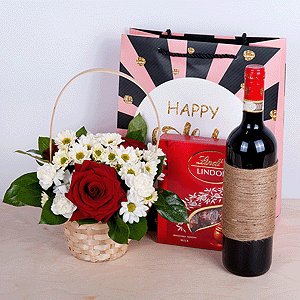 Gift set "Flower basket, sweets and non-alcoholic wine" with delivery Novosibirsk