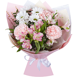 Bacardi White Spray Chrysanthemum - 2, Alstromeria white, soft pink - 3, Pink carnation - 5, Pistachio, Wrapping Paper