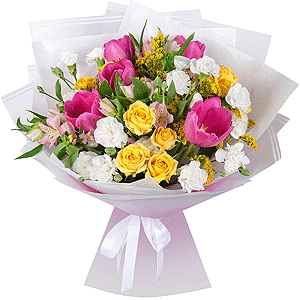Pink tulip - 9, Spray rose: yellow, orange 50 cm - 4, Alstromeria white, soft pink - 4, White spray carnation - 6, Solidago (1 pc.), Wrapping Paper