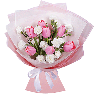 Pink tulip - 11, White spray carnation - 7, Wrapping Paper