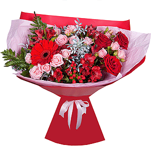 Gerbera red - 1, Red rose 50 cm - 7, Bright pink spray rose mix, 50 cm - 5, Alstromeria Red, Bright Pink - 8, Hypericum, Pistachio, Fern (1 pc.), Wrapping Paper, Ribbon