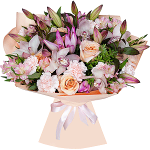 Pink lily - 3, White Cymbidium Orchid Bud - 6, Pink carnation - 9, Rose Cream 50 cm - 7, Alstromeria white, soft pink - 6, Flask for orchids, Pistachio, Wrapping Paper
