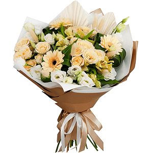 Cream gerbera - 5, Spray rose: white, cream, light pink 50 cm - 4, Alstromeria Yellow, Orange - 3, lisianthus - 3, Aspidistra (1 pc.), Dried flowers decor, Wrapping Paper