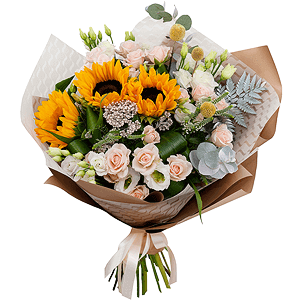 Sunflower - 5, Spray rose: white, cream, light pink 50 cm - 6, lisianthus - 4, Aspidistra (1 pc.), Veronica spray, Craspedia, Ozotamnus, Fern (1 pc.), Eucalyptus Cinerea, Wrapping Paper