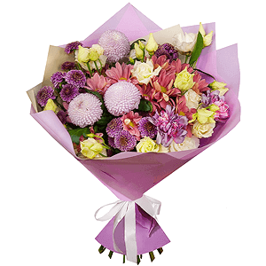 Daisy poms Santini pink, purple - 4, Momoko Chrysanthemum - 4, lisianthus - 4, Lilac carnation - 3, Bacardi Pink Spray Chrysanthemum - 4, Wrapping Paper, Ruscus