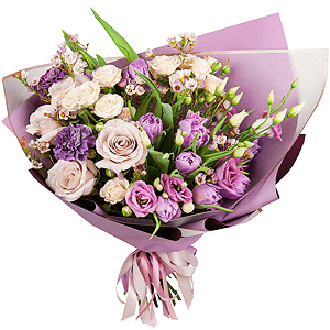 Lilac tulip - 11, Spray rose: white, cream, light pink 50 cm - 3, Pink Lisianthus (Eustoma) - 5, White rose 50 cm - 6, Lilac carnation - 3, Waxflower (1 pc.), Wrapping Paper